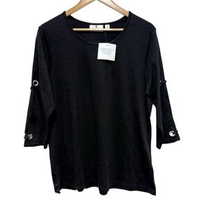 Quacker Factory Tunic Womens L Black 3/4 Open Sleeve Cotton Rhinestone Top New